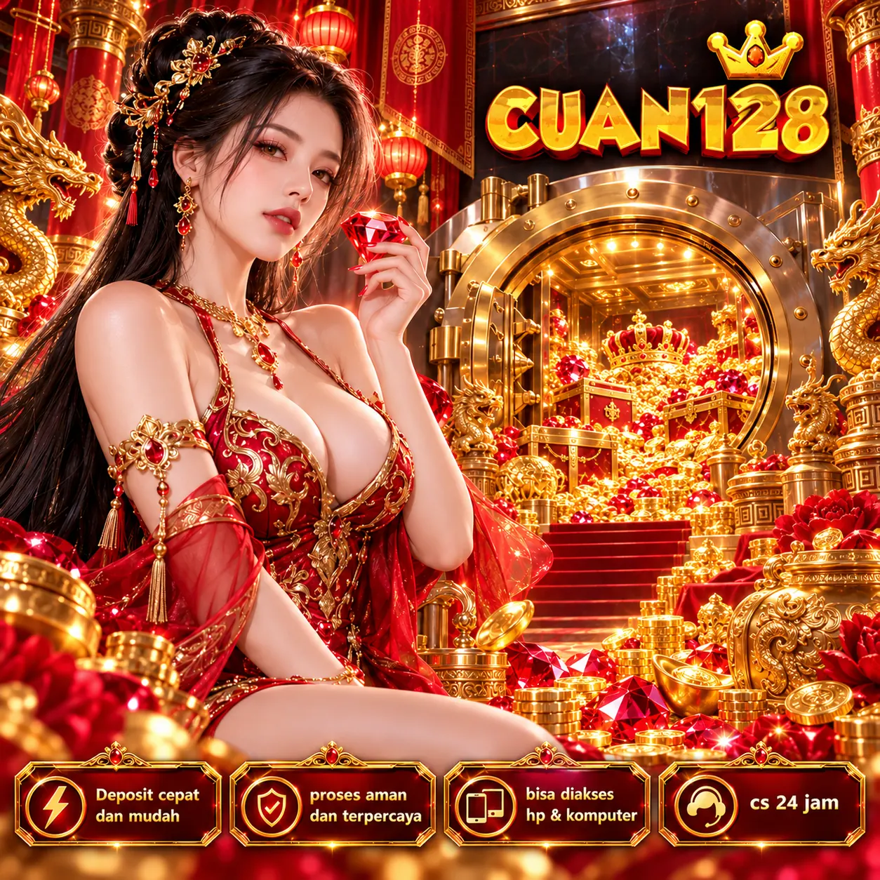 Poster CUAN128 2 dengan nuansa merah dan emas